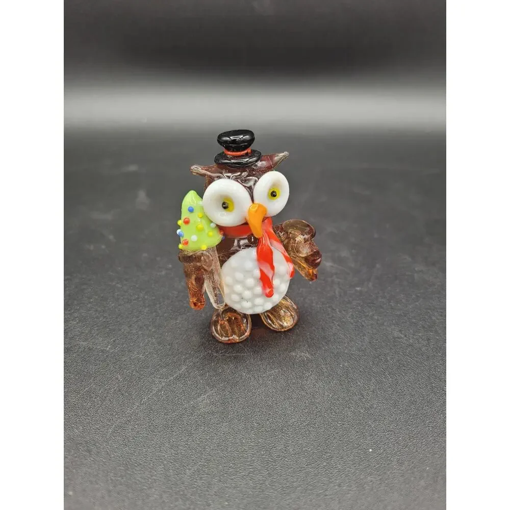 Pier 1 Glass Owl Christmas Figurine wearing Hat Scarf with Christmas Tree 2”